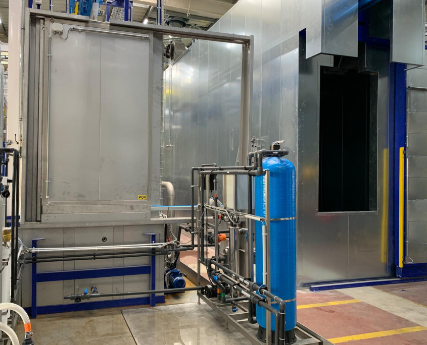 Washing tunnel and drying oven